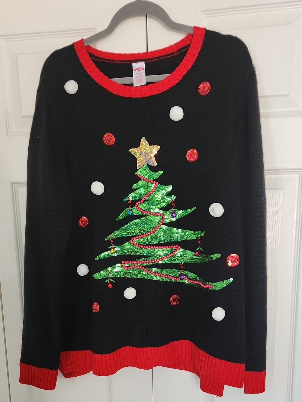 Holiday Time Black Sequin "Ugly" Christmas Tree Sweater with Red Trim